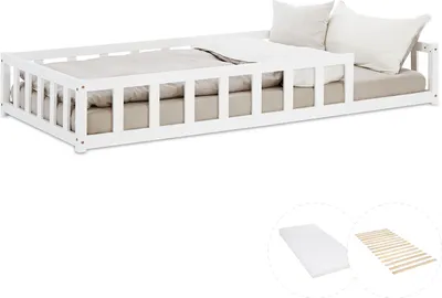 Produktbild von Homestyle4u 3024, Kinderbett Weiß  90x200 cm Bodenbett Rausfallschutz mit Matratze Montessori Bett Lattenrost