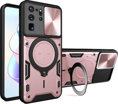 Produktbild von Handyhülle für Samsung Galaxy S20 Ultra Dual-Layer Stoßfest Rüstung Hülle mit Dia Kameraschutz und Kreisförmig Ring Ständer Roségold