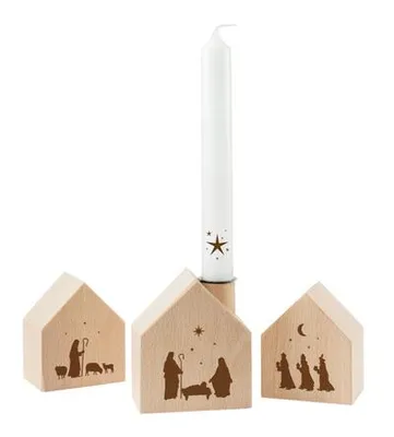 Produktbild von Weihnachts-Holzhaus-Set aus Buchenholz, 3er Set mit Kerzeneinsatz für Stabkerze