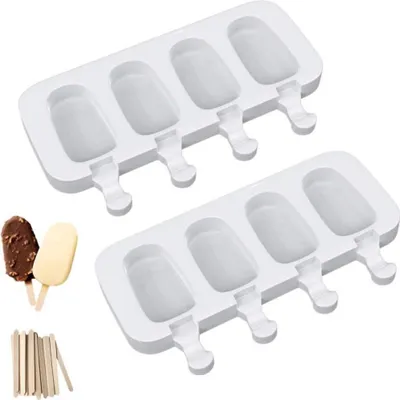 Produktbild von Eisformen-Set (1 Stück), Silikon-Eisformen mit 4 Mulden, ovale Cake-Pop-Form mit 50 Holzstielen für selbstgemachtes Eis am Stiel, Eisformen für Kinder, Silikon-Eisformen mit 4 Mulden, Eiscreme-Saft-Smoothie-Form, hausgemachte Cake-Pop-Form mit 50 Holzstielen, Eisformen aus Silikon, 1 Packung, 4-Mulden-Cake-Pop-Form, ovale Cake-Pop-Formen mit 50 Holzstielen