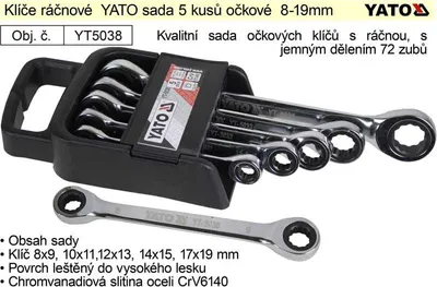 Produktbild von YATO Ratschenschlüssel Satz mit 5 Stück, Ösen 8-19mm