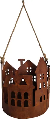 A hanging lantern shaped like a village silhouette, made of rusted metal.