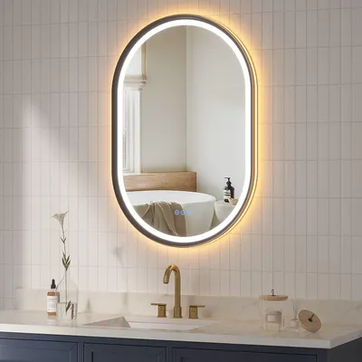 Produktbild von Badspiegel LED Oval 60 x 90 cm mit Beleuchtung - dimmbar, kaltweiß & warmweiß, Touchschalter, beschlagfreier Dekorspiegel für Badezimmer