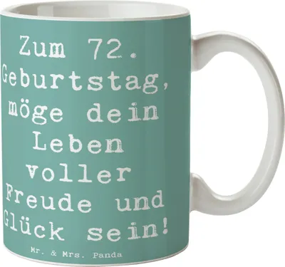Produktbild von Mr. & Mrs. Panda Geschenktasse Spruch 72. Geburtstag Freude - Meeresbrise - Geschenk, Zuneigung, Motivtasse, Dankbarkeit, Kaffeetasse, Alter, wertvolle Momente, Teebecher