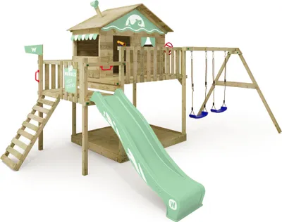 Zdjęcie produktu dla WICKEY wieża do wspinaczki Smart Coast z huśtawką i zjeżdżalnią, domek na palach z piaskownicą, drabinka do wspinaczki i akcesoria do zabawy - pastelowa zieleń