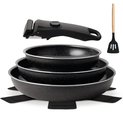 Immagine prodotto di Set di pentole da cucina, 7 pezzi, adatto per induzione, rivestimento in Vetroceramica, 20/24/28 cm, colore nero, con manico removibile