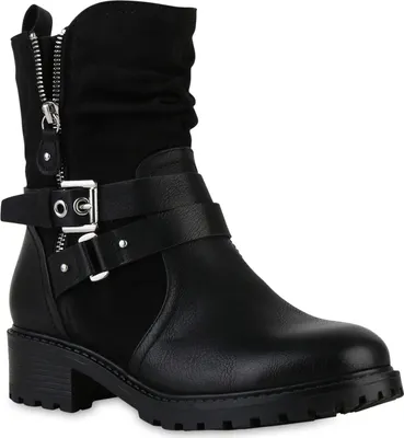 Produktbild von VAN HILL Damen Leicht Gefütterte Biker Boots Stiefeletten Schnallen Schuhe 841452, Farbe: Schwarz, Größe: 40