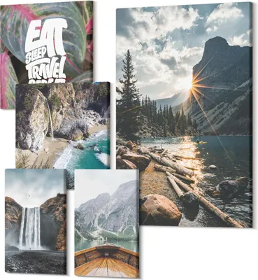 Obrázok produktu pre Obrazy Na Plátne – 5-Dielna Zostava – Polycanvas – Moderné Obrazy – Dekorácia Na Stenu – Do Obývačky – Abstraktné Obrazy – 2x 30x30 cm + 2x 20x30 cm + 1x 40x60 cm – Prírodná krajina s vodopádmi a výhľadom na hory