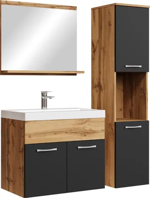 Immagine prodotto di Badplaats Set completo di mobili da bagno Montreal 60 x 35 cm rovere con nero opaco - Mobili da bagno con lavabo, specchio e armadio da bagno