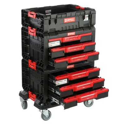 Image de Ensemble composé de 2 x triples tiroirs à outils sur une plateforme avec roues + box H 76 cm, ensemble modulable, garage atelier PRO
