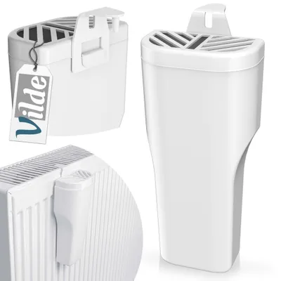 Collage of a white radiator humidifier in different views, including one attached to a radiator.