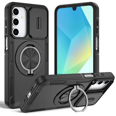 Produktbild von Magnetische Hülle für Samsung Galaxy A14 5G/4G, Militär Stoßfest Handyhülle mit Kameraschutz und Ringhalter Ständer Schwarz