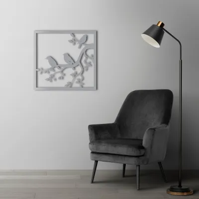 Produktbild von Modernes Vogel-Wandbild, schwarze Metall-Baumzweig-Silhouette, quadratischer Rahmen, 3D-Heimdekoration - Weiß / (28 "X26"/70X66CM)