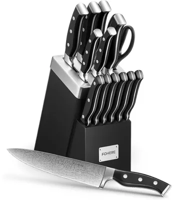 Immagine prodotto di Set da cucina in acciaio inossidabile, 14 pezzi, con coltelli e affilacoltelli integrato, colore nero