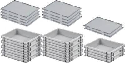 Produktbild von SuperSparSet 10x Eurobehälter mit geschlossenem Griff & Auflagedeckel | HxBxT 7,5x30x40cm | 9 Liter | Grau | Eurobox, Transportbox, Transportbehälter, Stapelbehälter