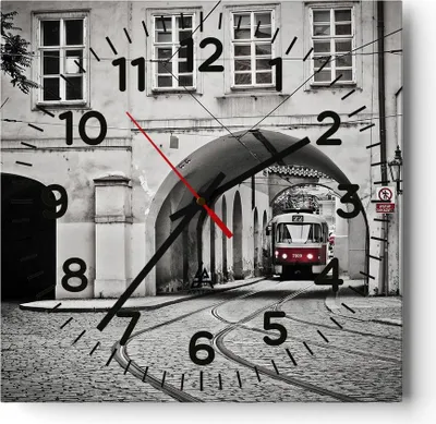 Produktbild von Wanduhr - Quadrat - Glasuhr - Tschechisch Straßenbahn Prag - 30x30cm - Schleichendes Uhrwerk - Lautlos - zum Aufhängen bereit - Dekoration Modern - Wanddekoration aus Glas - C4AC30x30-4193