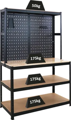 Produktbild von Profi Werkbank GIANT BEAST mit Lochwand | HxBxT 180x120x60cm | Fachlast 175kg | Schwarz