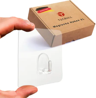 Zdjęcie produktu dla TECBULL® 8 oryginalnych magicznych haczyków dużych XL, bez pozostałości kleju, usuwalne bez pozostałości, wielokrotnego użytku, przezroczyste, haczyki samoprzylepne, haczyki wielofunkcyjne