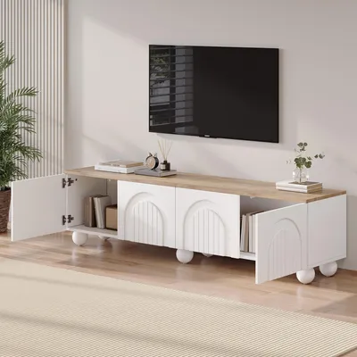 Produktbild von STILVORA Lowboard mit 6 Kugelfuß Metallbeine,TV-Schrank TV-Regal aus MDF,TV-Board Fernsehschrank für Fernseher bis 80 Zoll,Weiß+Holzfarbe