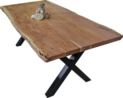 Produktbild von Esstisch Baumkante massiv Akazie Natur 260 x 100 X-Gestell schwarz CALI