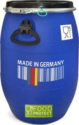 A blue plastic barrel with a black lid and metal clasp, shown against a white background. The barrel has text and graphics printed on it.