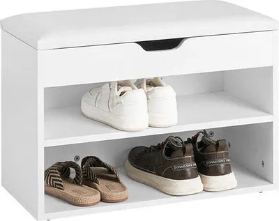 Zdjęcie produktu dla Ławka na buty Rootz z siedziskiem – regał na buty – szafka do przedpokoju – biała płyta wiórowa – poduszka zpoliuretan – wytrzymała i stabilna – 60 cm x 30 cm x 44 cm