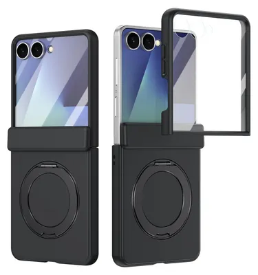 Produktbild von Magnetische Hülle für Samsung Galaxy Z Flip 8, mit Displayschutzfolie, Scharnierschutz mit Ringhalter und Ständer Schwarz