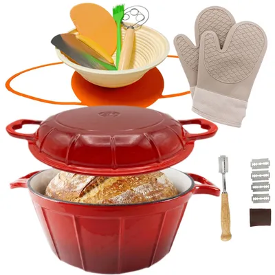 5L Emaille Gietijzeren Dutch Oven mit Brotback-Set, Rot