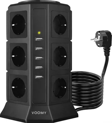 Produktbild von VOOMY 17-in-1 Steckdosenleiste – 12-Fach & 5 USB – 2 Schalters & Überspannungsschutz – 2M Kabel – 2500W – Schwarz