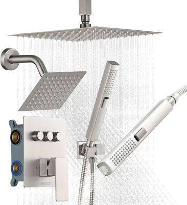 Immagine prodotto di VEVOR Set Doccia con Sistema Doccia a Pioggia, da 254 mm, Soffione a Parete, Doccetta, Soffione a Pioggia Doppio Girevole, 3 Funzioni, Kit di Finitura e Valvola in Ottone, Nichel Spazzolato