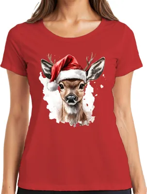 Obrázok produktu pre Fawn Santa Hat Vianočná akvarelová slávnostná darčeková retro dámska košeľa, červená, XXL