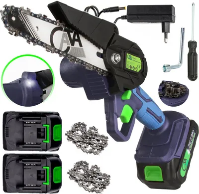 A collection of items related to a cordless chainsaw, including the chainsaw itself, batteries, chains, a charger, and tools.