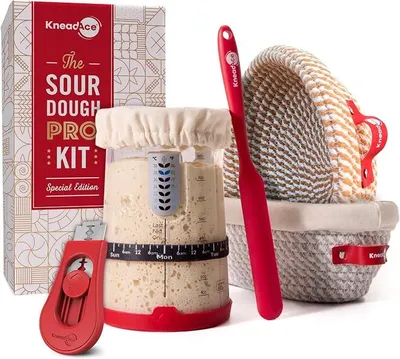 Produktbild von Sauerteig Starter Kit - 963.9 g Starter Jar 2 Baumwollseil Banneton Gärkörbe Magnetisches Brot Lame zum Ritzen - Geschenk für Bäcker & Komplettes Sauerteigbrot Backset