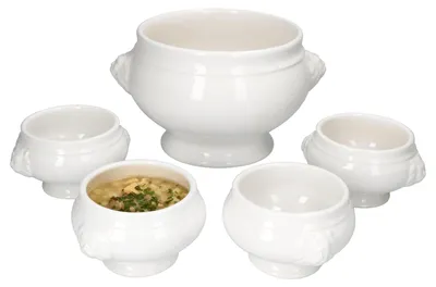 Produktbild von LEO Löwenkopf Terrinen Set 5tlg 1x2L + 4x0,25L Weiß Schalen Steingut