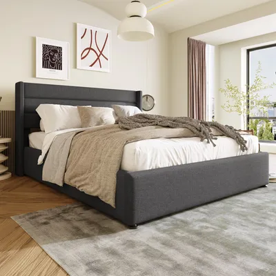 Immagine prodotto di Letto imbottito con vano contenitore 180 x 200 cm con apertura idraulica, rete a doghe, telaio in metallo, lino, grigio