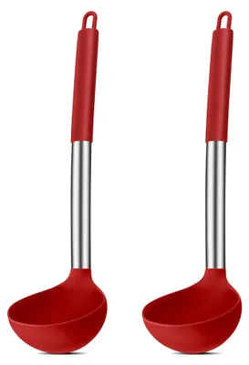 Productafbeelding van Soeplepel Set van 2, Siliconen Lepels met Roestvrijstalen Handvat, 30 cm, Rood