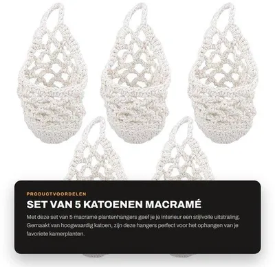 Produktbild von Set mit 5 Blumenampeln - Macramé-Pflanzenampel - Hängeampel - Pflanzenhalter - Wanddekoration - 20 x 10 cm, Baumwollseil