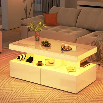 Produktbild von CDGlobal Couchtisch Wohnzimmertisch weiß Hochglanz, Sofatisch mit LED Beleuchtung, 2 Schubladen und offenen Fächern, modern Kaffeetisch mit Stauraum, für Büro Empfang Wartebereich,104x53x46cm