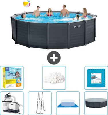 Produktbild von Intex runder Pool mit graphitgrauem Paneel – 478 x 124 cm – inklusive Pumpe – Leiter – Bodenplane – Abdeckung Wartungspaket - Filterbälle - Bodenfliesen