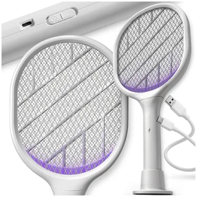 Produktbild von Pestevo | Elektrische Fliegenklatsche 2in1 - Weiß – 3500V Mückenvernichter mit UV-Lampe & USB Akku 1200mAh für Innen & Außen