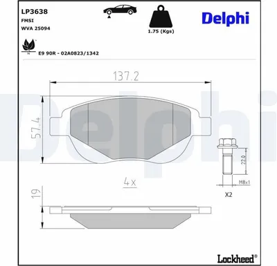 Produktbild von DELPHI LP3638 Bremsbeläge Satz Vorne Bremsklötze passend für PEUGEOT 307 CC (3B) 307 (3A/C) 307 SW (3H) 307 Break (3E) für CITROËN C4 I (LC)