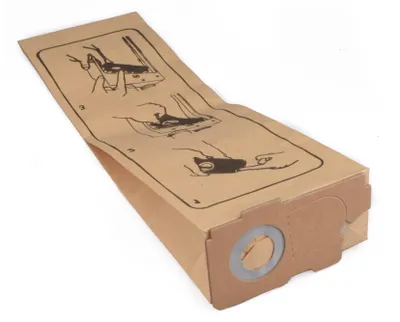 A brown paper vacuum cleaner bag with black line drawings illustrating how to use it.