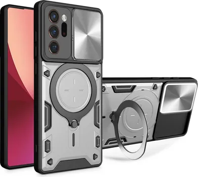 Produktbild von Handyhülle für Samsung Galaxy Note 20 Ultra Dual-Layer Stoßfest Rüstung Hülle mit Dia Kameraschutz und Kreisförmig Ring Ständer Silber