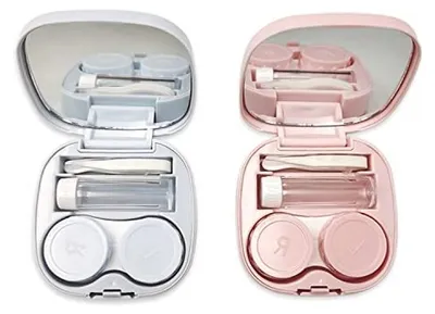 Productafbeelding van Draagbare Contactlenzen Case - Mini Contactlenshouder met Spiegel voor Reizen en Thuis - 2 Stuks Blauw Roze