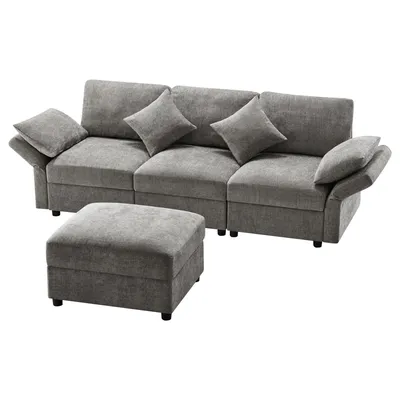 Produktbild von Ecksofa mit Hocker, Zierkissen und Rückenlehnen, L-Form, Armlehnen verstellbar, inkl. Federkern, Polstersofa, Loungesofa, Chenille