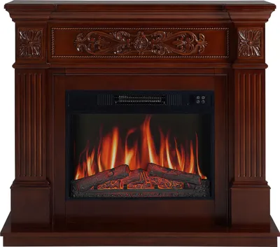 A dark brown electric fireplace with a realistic flame effect.