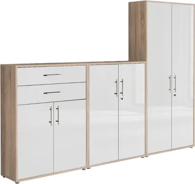 Produktbild von Aktenschrank TABOR 55 in Eiche Sonoma / weiß Hochglanz, Schrankwand, Büroschrank, abschließbar, Metallgriffe