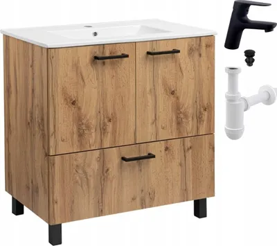 Immagine prodotto di Mobile da bagno con lavabo a colonna 80x47 cm Rovere Wotan + rubinetteria nera Sig