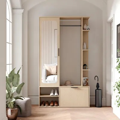 Produktbild von Garderobe mit Spiegel ELIOR links, Eiche Bookmatch, moderner Flurschrank mit Stauraum, Kleiderstange und Ablagen