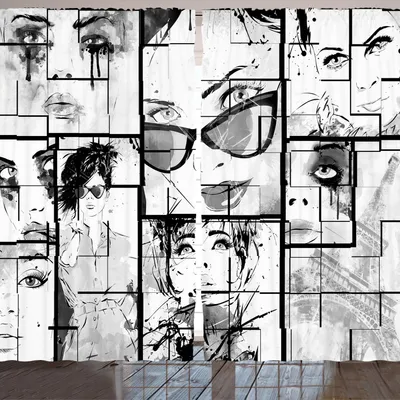 Produktbild von ARANDE Eiffelturm Gardine, Frauen Gesichter mit verschiedenen Augen Make-up Eiffel Tower Romance Paris Bild, 280 x 245 cm, Schwarz Weiß Grau
